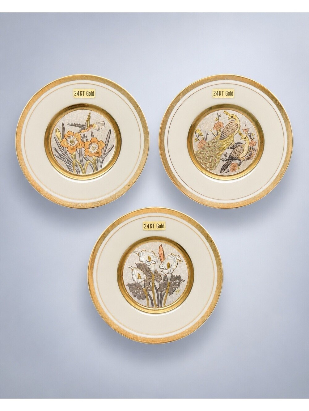 Japanese Vintage 1980s 3 Piece Mini Plates Art Of Chokin 24KT Gold Edged, 4"